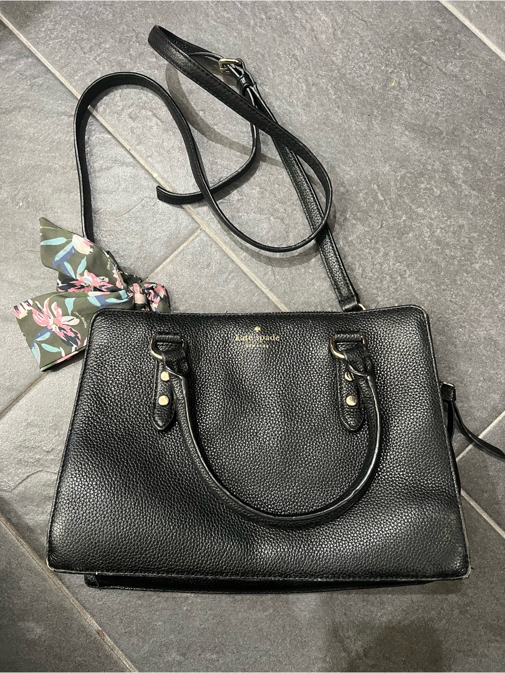 kate spade Black Pebbled Leather Satchel with Floral Scarf Accent